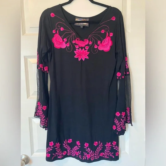 Bellsleeve Black Dress with Pink Floral Accents - Picture 2 of 5